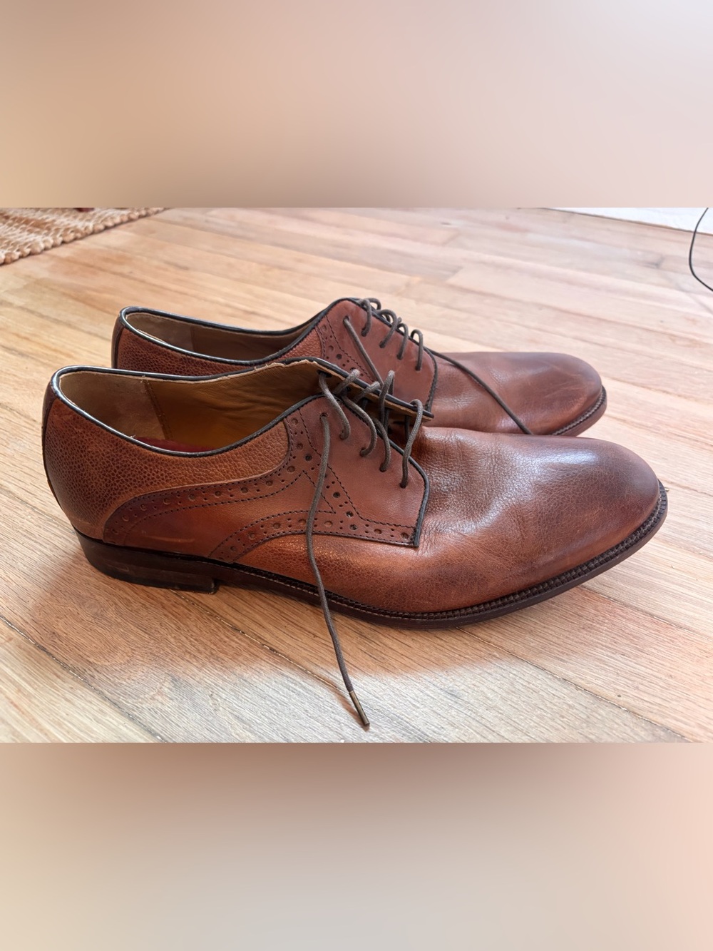 Johnston & Murphy 11M Brown Leather Oxford Dress Shoes Sheepskin Brogue Lace Up